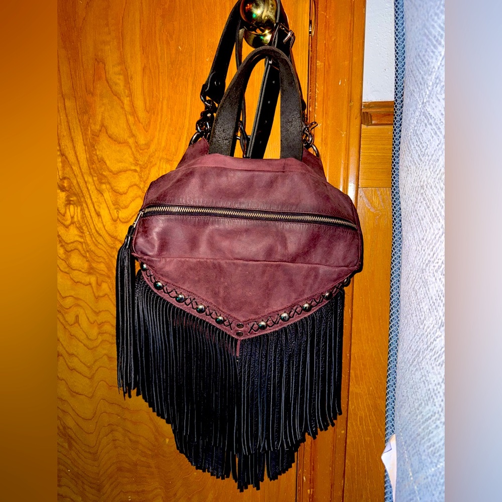 Birdtrouble 100% leather Mini Melissa purple&black pebbled bison fringe backpack - Picture 3 of 12